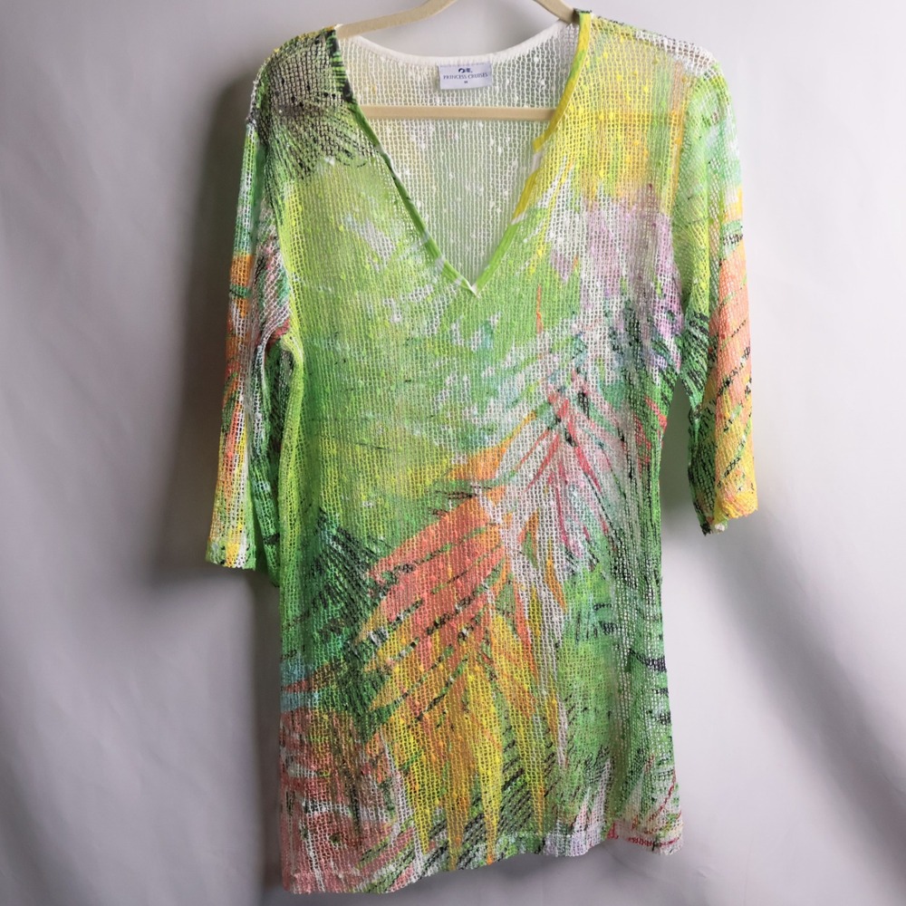 Princess‎ Cruises Green Palm Leaf Mesh Knit V-Neck Tunic Swim Coverup M Resort